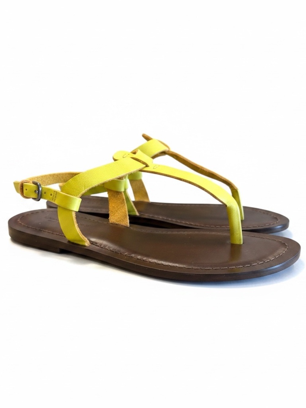 NWOT Garnet Hill Chartreuse Leather T-Strap Sandals